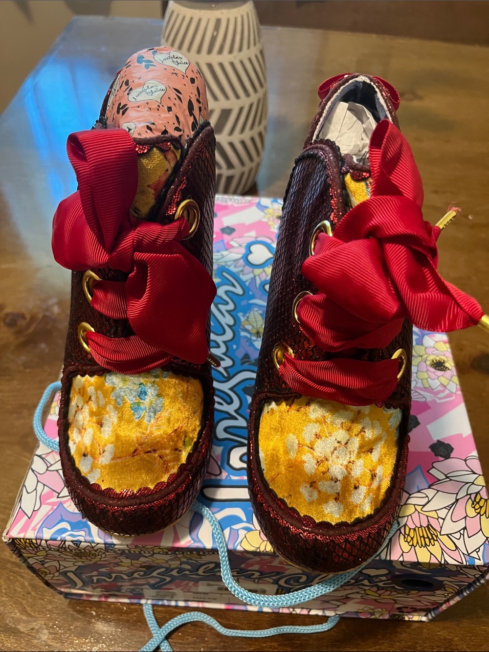 Irregular Choice Red Floral Velvet Lace-Up Booties - Picture 7 of 8